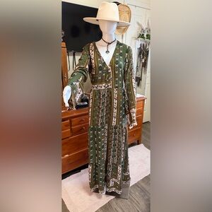 Boho Cottagecore Olive Green Patchwork Maxi Dress